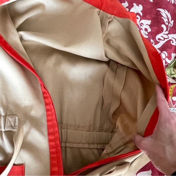 Vintage Tan Wool Shirt Dress with Orange Red Collar, Trim, Belted - Picture 10 of 16